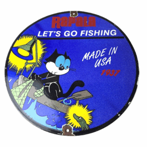 Vintage Rapala Fishing Lures Ad Sign - Felix the Cat Porcelain Gas Pump Sign