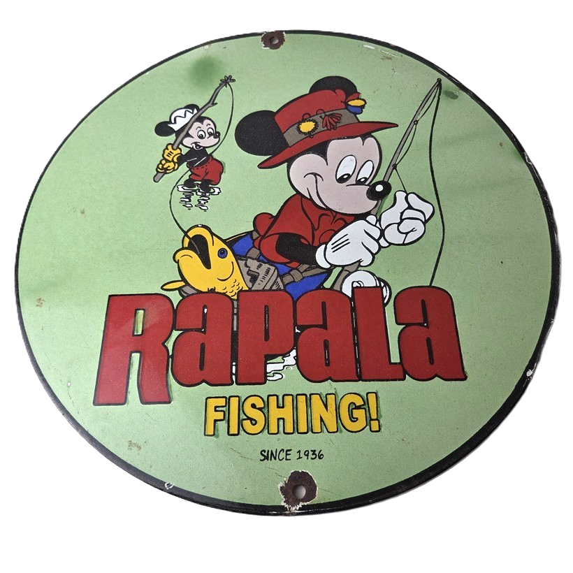 Vintage Rapala Fishing Sign - Mickey Mouse Sign - Tackle Lures Gas Oil Pump Sign