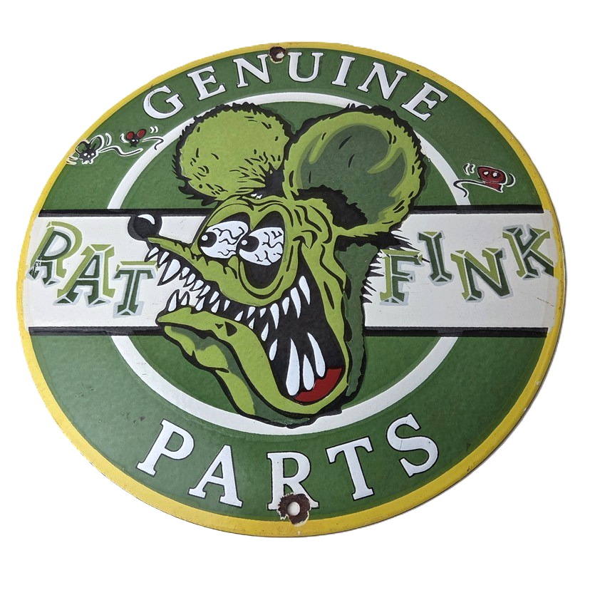 Vintage Rat Fink Genuine Parts Mouse Porcelain Signs - Ed Roth Hot Rod Signs
