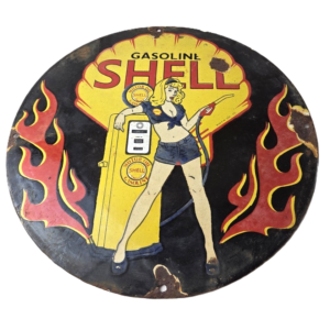 Vintage Shell Gasoline Sign - Gas Station Attendant Fill Up Pump Porcelain Sign