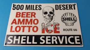 Vintage Shell Gasoline Sign Route 66 Beer Ammo Ice Desert Pump Porcelain Sign 305905401812