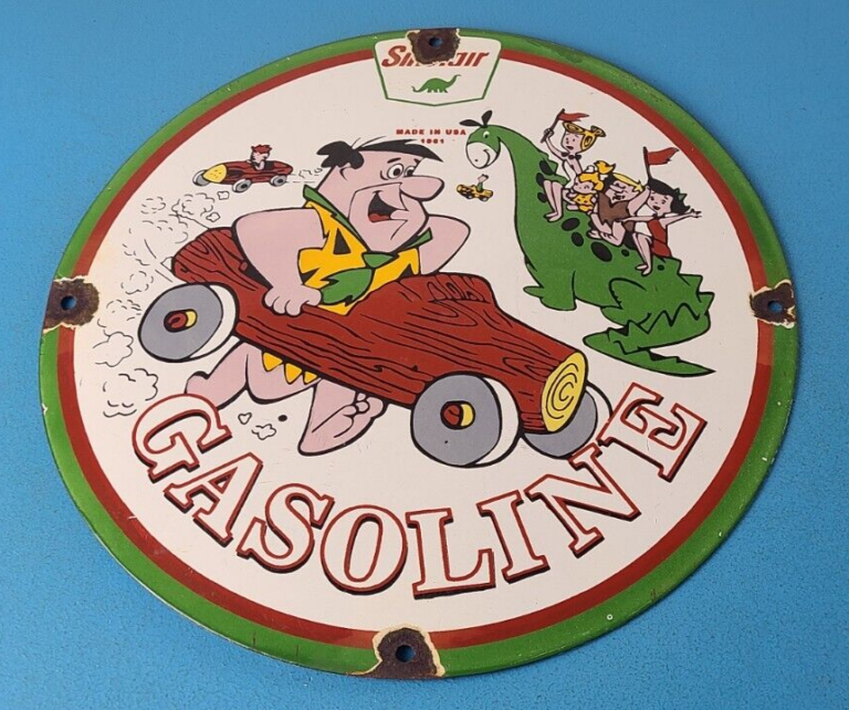 Vintage Sinclair Gasoline Porcelain Sign Dino Flintstones Pump Plate Sign 306071112252