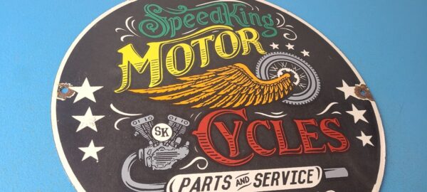 Vintage Speed King Motorcycles Sign Harley Indian Porcelain Gas Pump Sign 305762054032 5