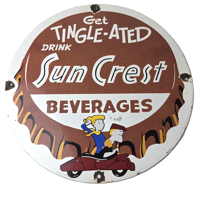 Vintage Sun Crest Tingle Sign - Soda Beverages Porcelain Gas Oil Pump Sign
