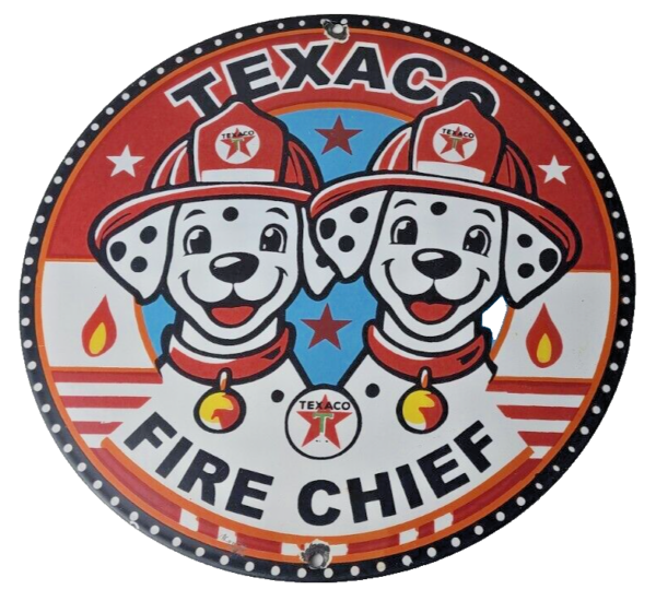 Vintage Texaco Sign - Fire Station Dalmatian Dogs Porcelain Gas Pump Sign