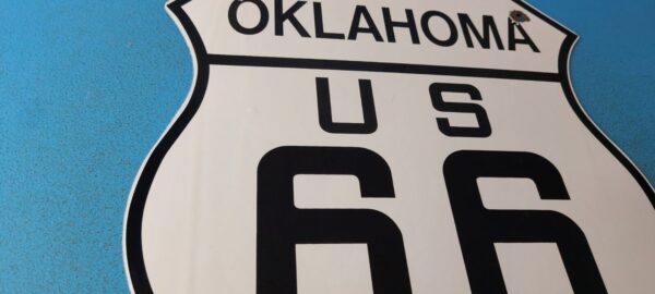 Vintage US Route Oklahoma Porcelain Highway State Road Gas Oil Pump Sign