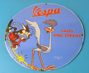 Vintage Vespa Sign Road Runner Bike Gas Pump Service Station Porcelain Sign 305900787082