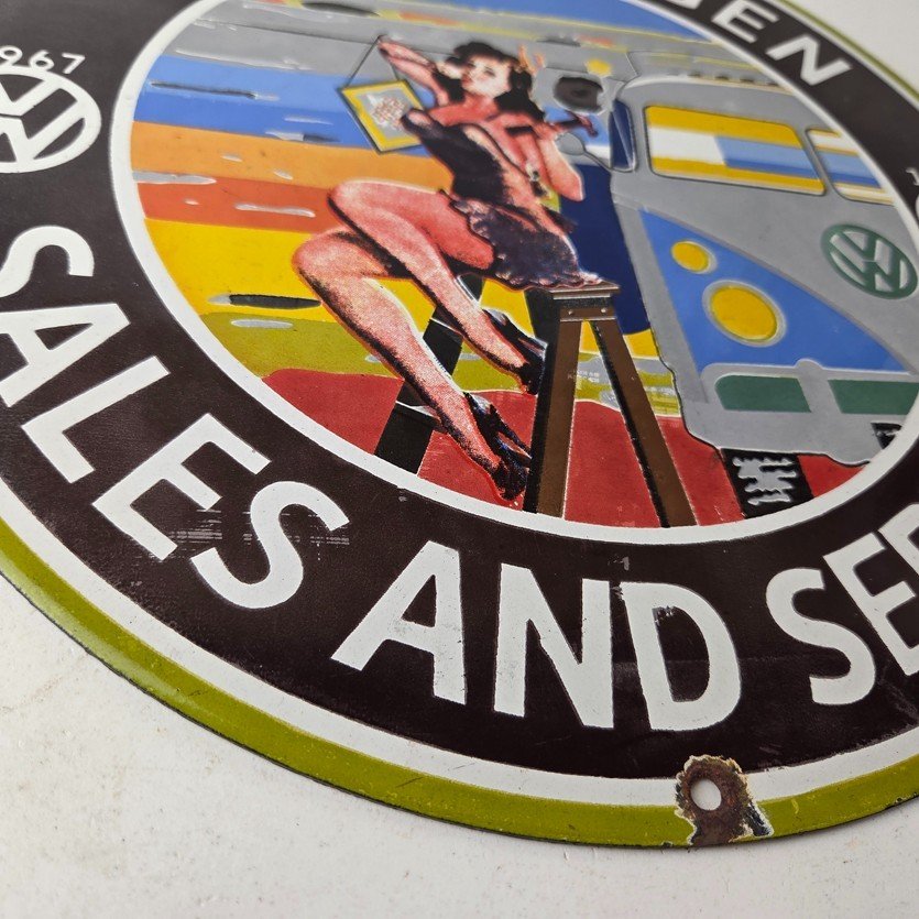 Vintage Volkswagen Sign - Sales Dealership VW Automobile Gas Pump Porcelain Sign - Image 11