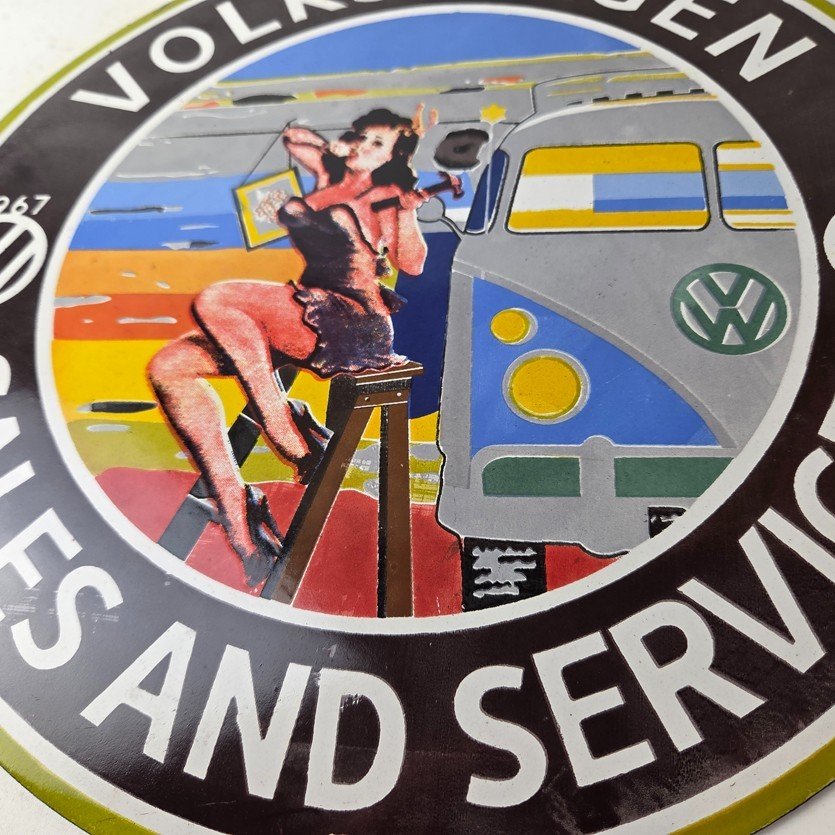 Vintage Volkswagen Sign - Sales Dealership VW Automobile Gas Pump Porcelain Sign - Image 4