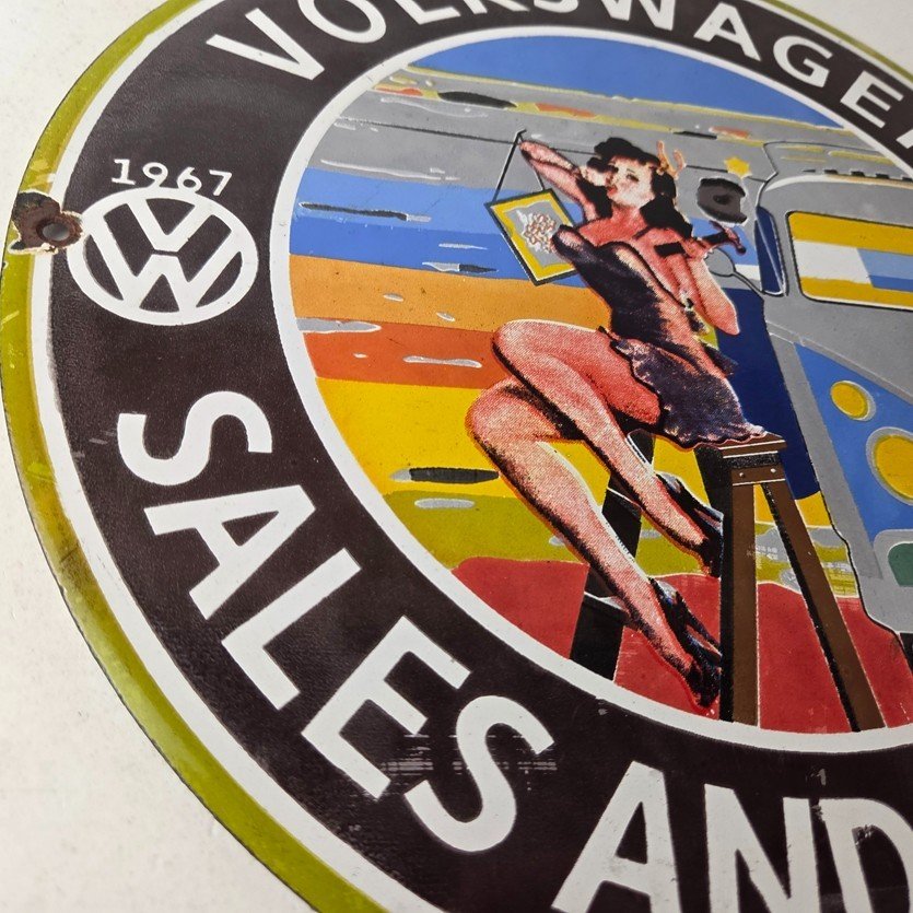 Vintage Volkswagen Sign - Sales Dealership VW Automobile Gas Pump Porcelain Sign - Image 6