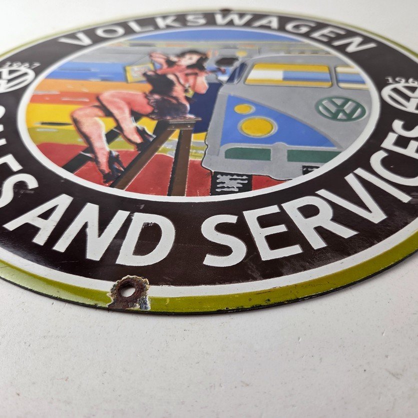 Vintage Volkswagen Sign - Sales Dealership VW Automobile Gas Pump Porcelain Sign - Image 10