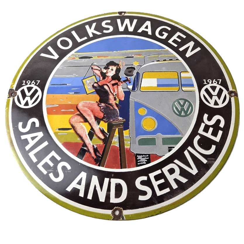 Vintage Volkswagen Sign - Sales Dealership VW Automobile Gas Pump Porcelain Sign