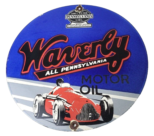 Vintage Waverly Motor Oil Porcelain Sign - Gasoline Racing Pump Plate Sign