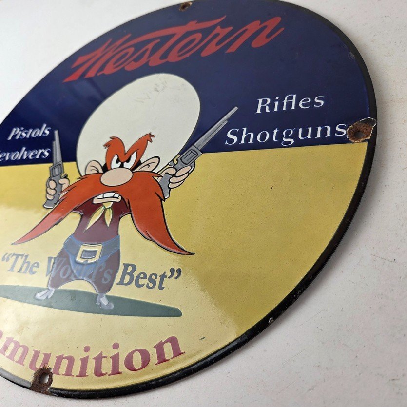 Vintage Western Ammo Firearms Sign - Gun Shop Porcelain Gas Station Pump Sign - Image 13