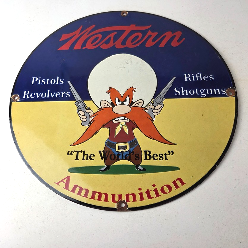 Vintage Western Ammo Firearms Sign - Gun Shop Porcelain Gas Station Pump Sign - Image 15