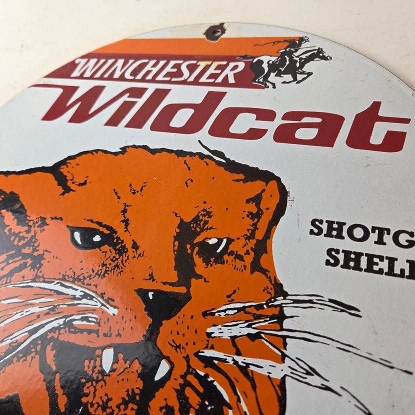 Vintage Winchester Porcelain Sign - Shot Gun Shells Wildcat Gas Pump Sign - Image 12