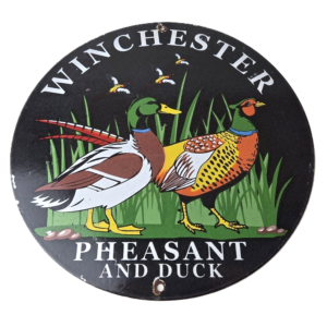 Vintage Winchester Sign - Pheasant Hunting Shot Gun Gas Oil Cabin Porcelain Sign