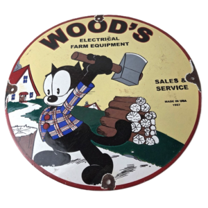 Vintage Wood's Farm Equipment Sign - Felix the Cat Gas Auto Pump Porcelain Sign