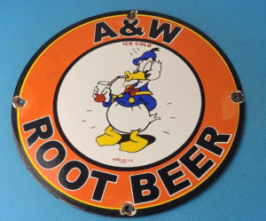 VINTAGE AW PORCELAIN ROOT BEER BEVERAGE SODA DONALD DUCK GAS PUMP SIGN 305887560243