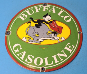 VINTAGE BUFFALO GASOLINE PORCELAIN GAS FELIX AND BULL SERVICE STATION PUMP SIGN 305879104443