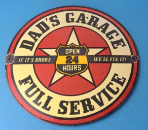 VINTAGE DADS GARAGE PORCELAIN MECHANIC FULL SERVICE AUTOMOBILE GAS STATION SIGN 305877467413