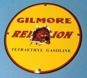 VINTAGE GILMORE OIL CO PORCELAIN METAL SERVICE STATION GAS LION PUMP PLATE SIGN 305857065443