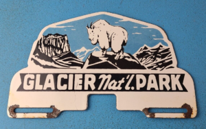 VINTAGE GLACIER PORCELAIN NATIONAL PARK GOAT GAS LICENSE PLATE TOPPER AUTO SIGN 305895099953