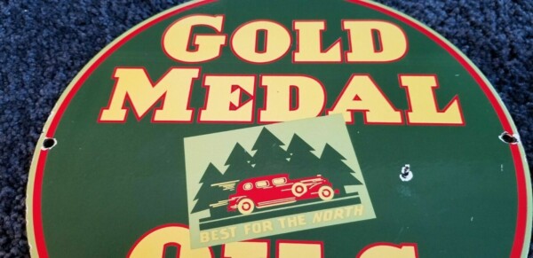 VINTAGE GOLD MEDAL OILS PORCELAIN GASOLINE SERVICE STATION PUMP PLATE SIGN - Image 4