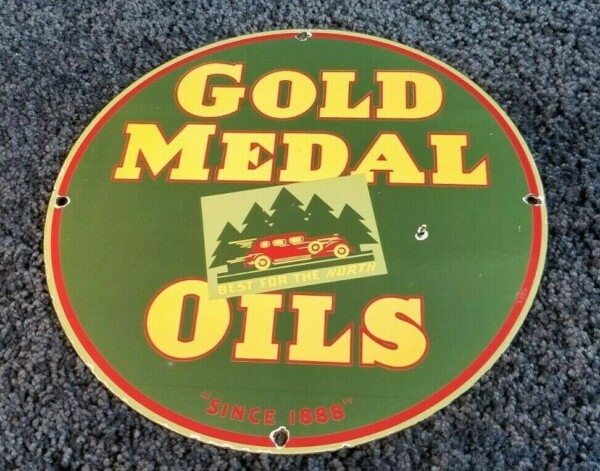 VINTAGE GOLD MEDAL OILS PORCELAIN GASOLINE SERVICE STATION PUMP PLATE SIGN