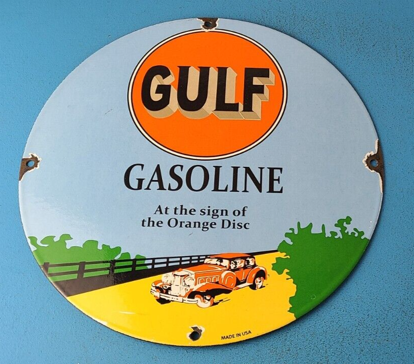 VINTAGE GULF GASOLINE PORCELAIN GAS OIL ORANGE DISC SERVICE STATION PUMP SIGN 305844968893