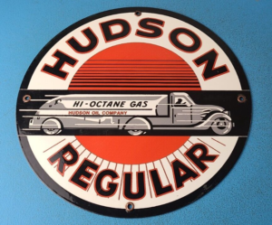 VINTAGE HUDSON MOTOR OIL GAS PUMP PLATE SERVICE STATION HI OCTANE TANKER SIGN 305898636583