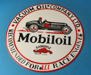 VINTAGE MOBIL MOBILOIL PORCELAIN METAL RACE CAR 11 34 GARGOYLE GAS PUMP SIGN 305891058693