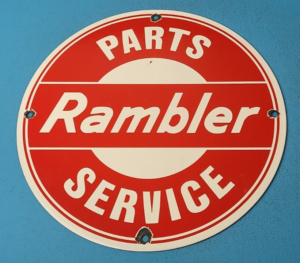 VINTAGE RAMBLER PORCELAIN GAS AUTOMOBILE SERVICE STATION DEALERSHIP SIGN 305880308263