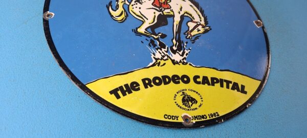 VINTAGE RODEO COWBOY PORCELAIN CODY WYOMING GAS SERVICE STATION PUMP PLATE SIGN 305151729043 6