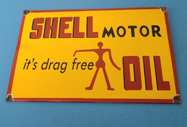 VINTAGE SHELL PORCELAIN GAS MOTOR OIL DRAG FREE SERVICE STATION PUMP PLATE SIGN 305151440283