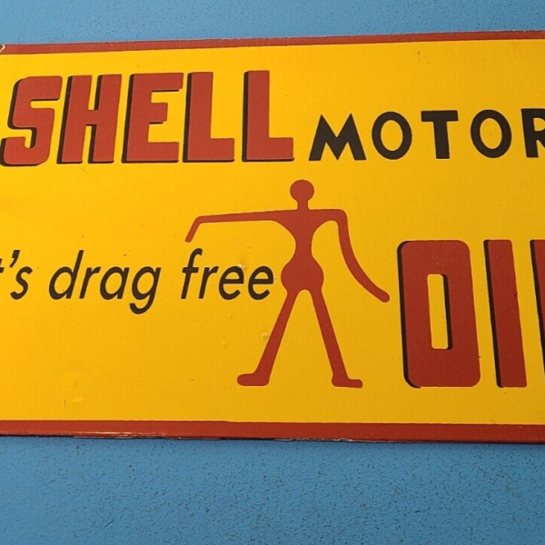 VINTAGE SHELL PORCELAIN GAS MOTOR OIL DRAG FREE SERVICE STATION PUMP PLATE SIGN 305151440283