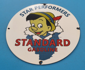 VINTAGE STANDARD GASOLINE PORCELAIN GAS STAR PERFORM PINOCCHIO WALT DISNEY SIGN 305846702893