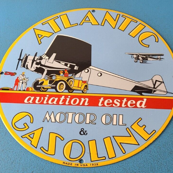 Vintage Atlantic Gasoline Sign Gas Service Station Pump Plate Porcelain Sign