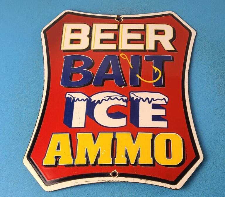 Vintage Beer Bait Ice Ammo Sign Supplies Service Station Gas Porcelain Sign 306071129393