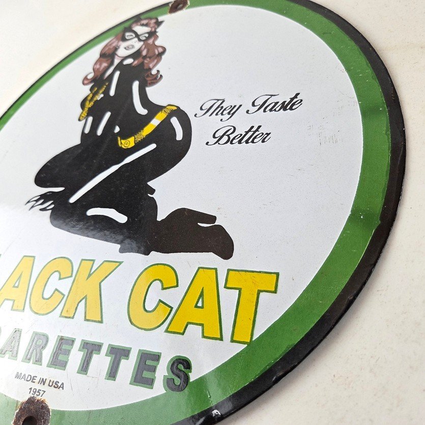 Vintage Black Cat Cigarettes Pin Up Porcelain Sign - Catwoman Sign - Image 13