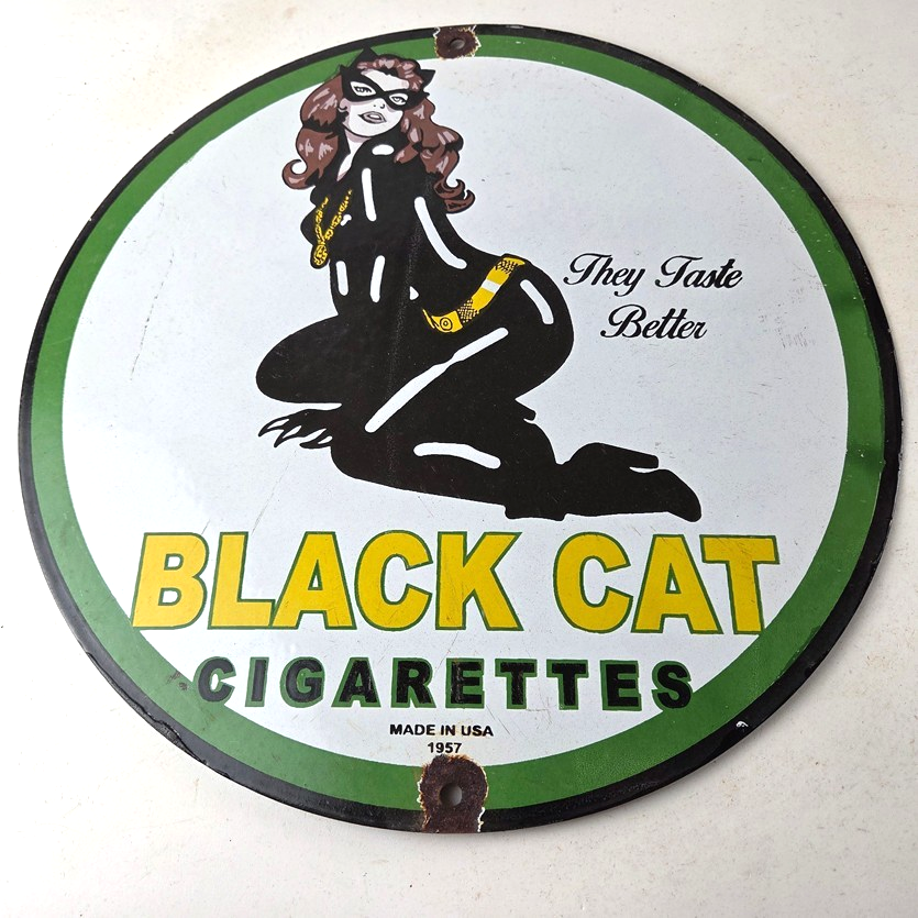 Vintage Black Cat Cigarettes Pin Up Porcelain Sign - Catwoman Sign - Image 15