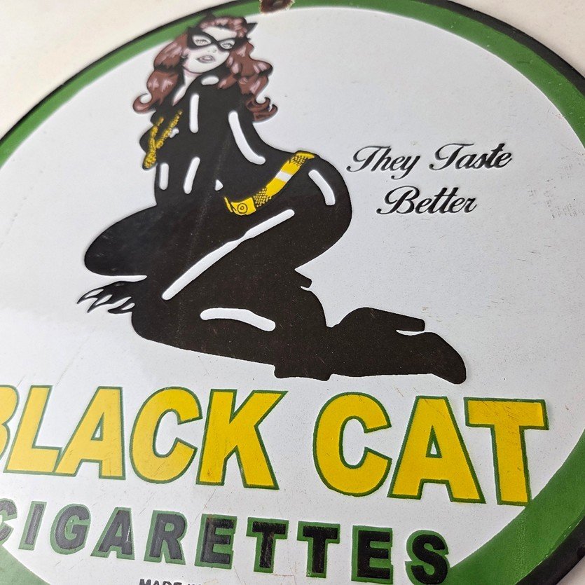 Vintage Black Cat Cigarettes Pin Up Porcelain Sign - Catwoman Sign - Image 4