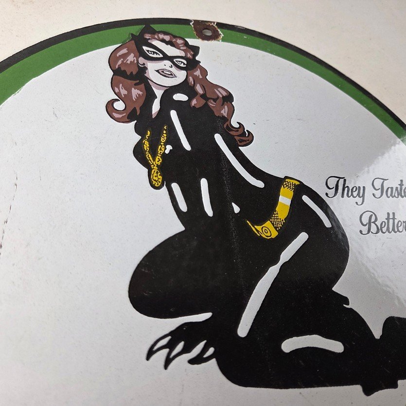 Vintage Black Cat Cigarettes Pin Up Porcelain Sign - Catwoman Sign - Image 5