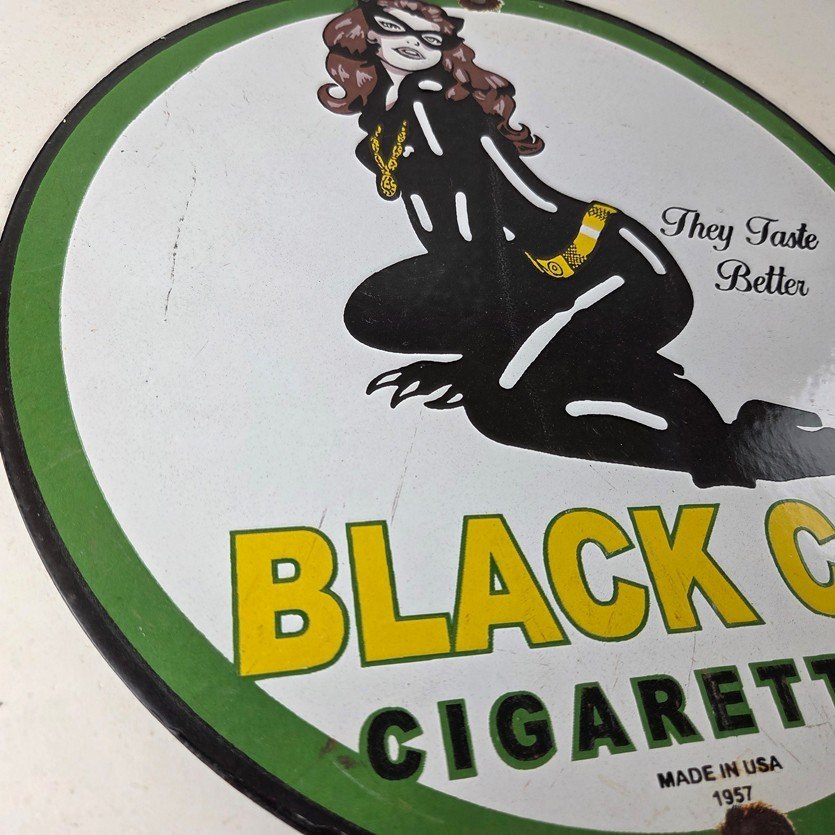 Vintage Black Cat Cigarettes Pin Up Porcelain Sign - Catwoman Sign - Image 6