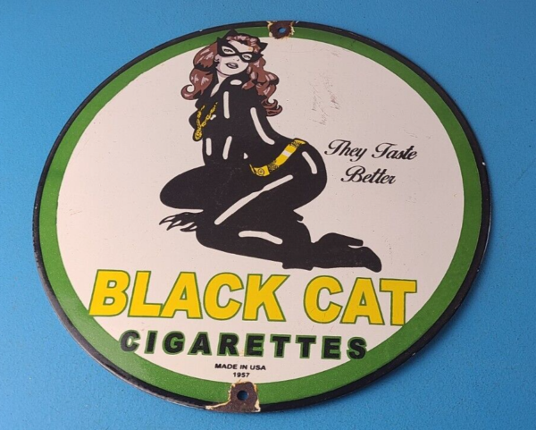 Vintage Black Cat Cigarettes Sign Porcelain Cat Woman Gas Pump Plate Sign 305775679753