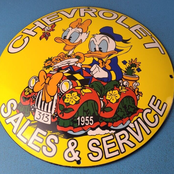 Vintage Chevrolet Sign Donald Duck Sign Porcelain Convex Sales Gas Pump Sign
