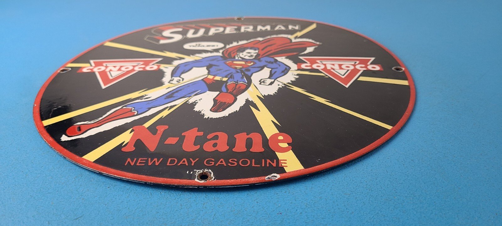 Vintage Conoco Gasoline Sign - Superman Comic Book Hero Porcelain Gas Pump Sign - Image 11