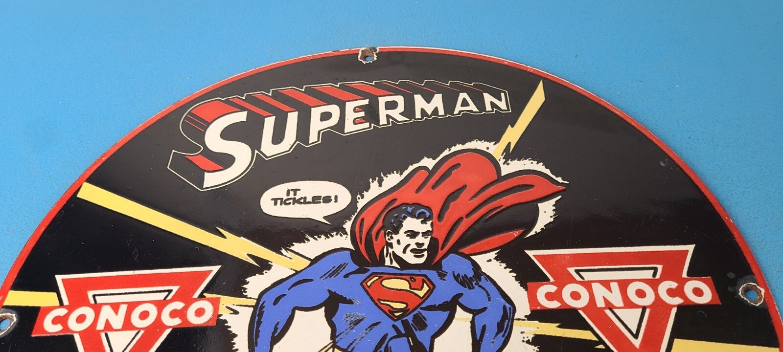 Vintage Conoco Gasoline Sign - Superman Comic Book Hero Porcelain Gas Pump Sign - Image 13
