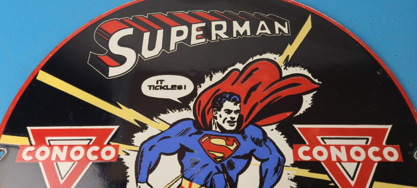 Vintage Conoco Gasoline Sign - Superman Comic Book Hero Porcelain Gas Pump Sign - Image 3