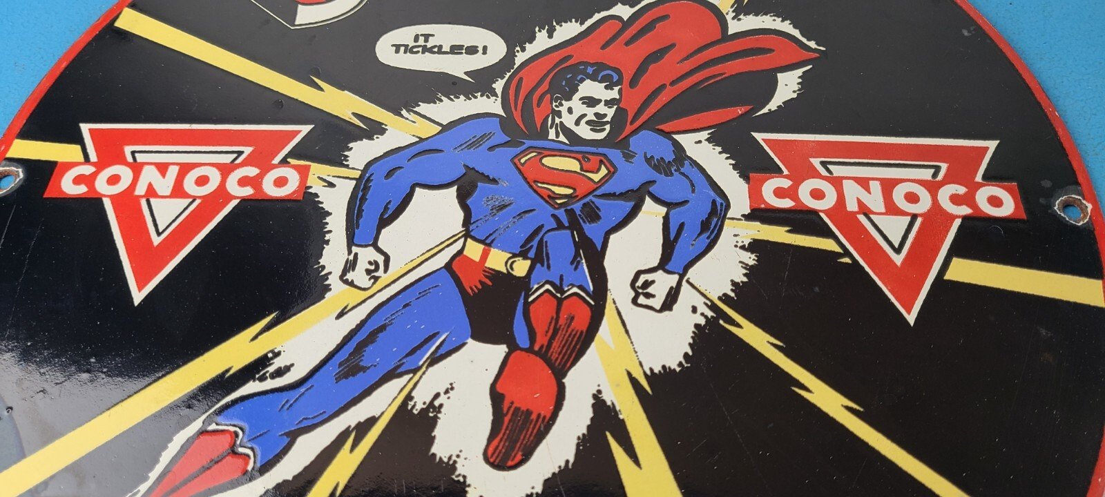 Vintage Conoco Gasoline Sign - Superman Comic Book Hero Porcelain Gas Pump Sign - Image 4
